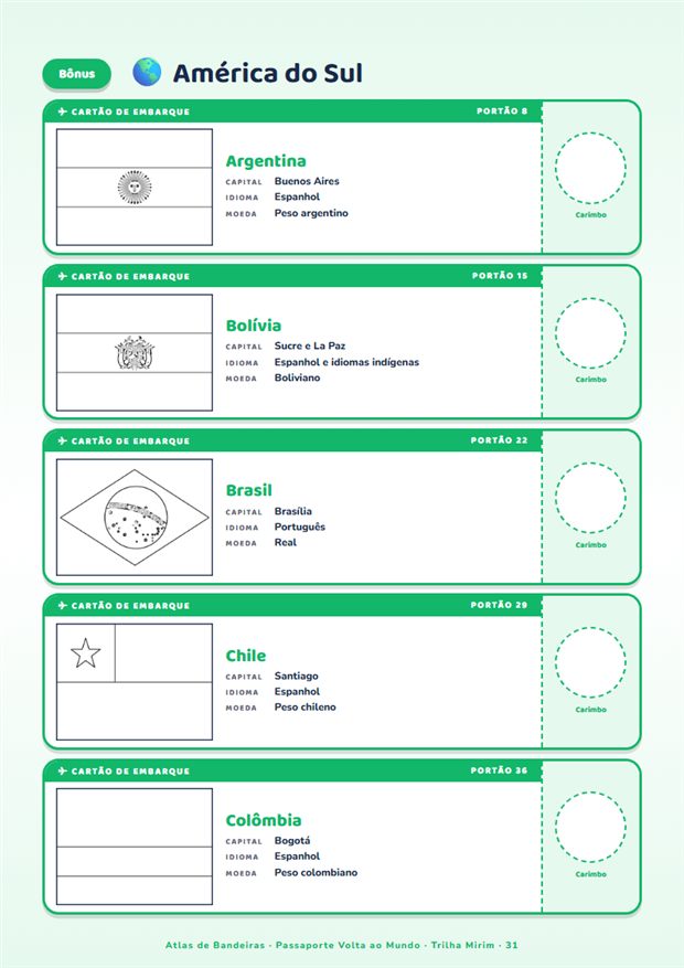 Página do Atlas de Bandeiras, com cartões de embarque para colorir