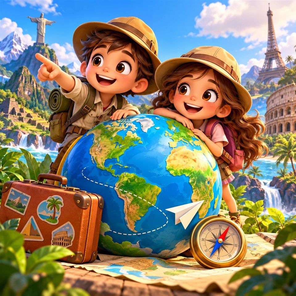 Capa do Passaporte Volta ao Mundo, com duas crianças exploradoras e um globo